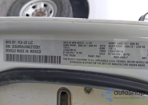 2022 Ram 2500 Tradesman 4X4 8' Box z USA, uszkodzony, nr VIN 3C6UR5HJXNG273281